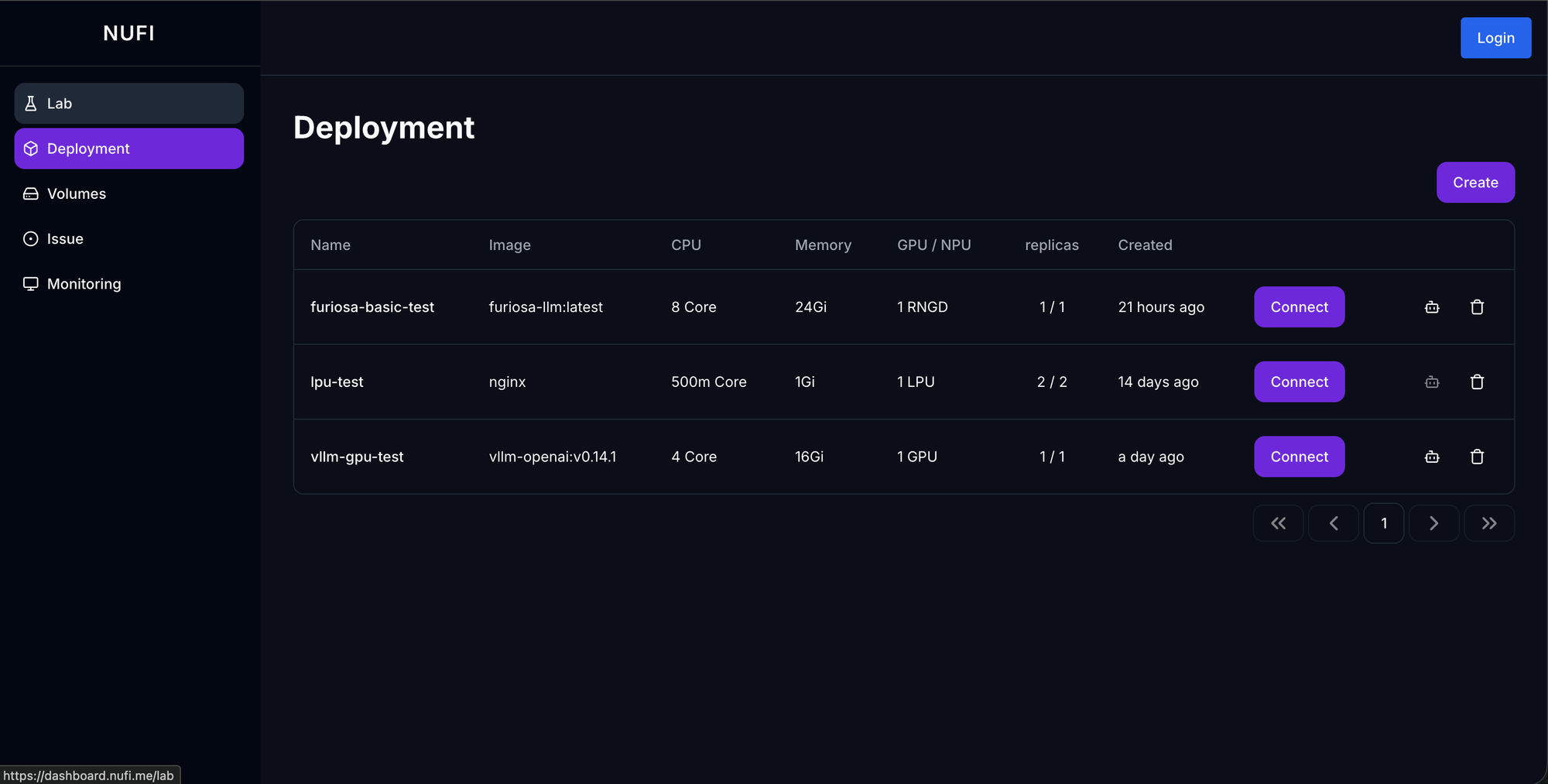 NuFi 웹 대시보드 스크린샷