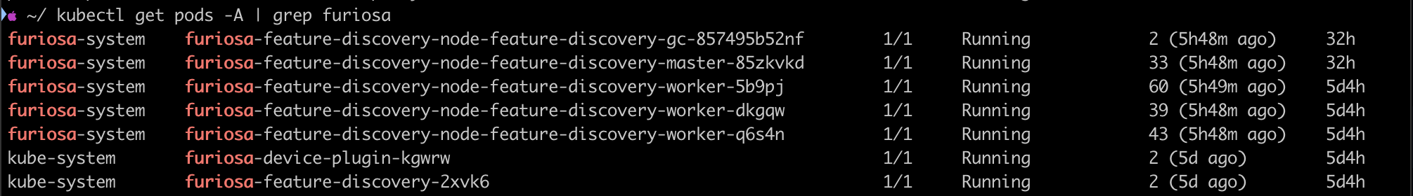클러스터에 Furiosa Feature Discovery와 Furiosa Device Plugin 이 배포된 모습